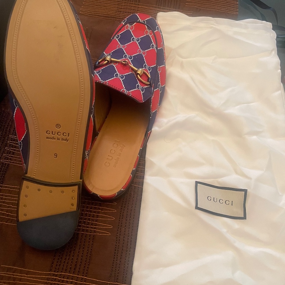GUCCI Royal Bluett Red/Blu Guicci Logo Rhombus Chain Mule Slip On - Picture 4 of 7